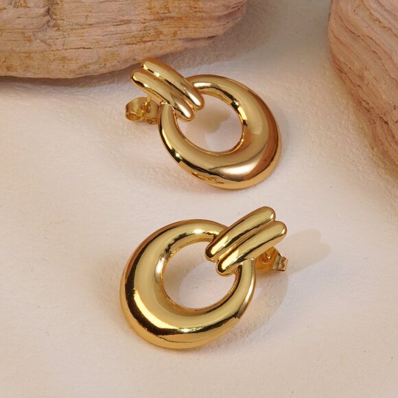 Gold Plated Circle Stud Earrings, Stainless Steel, Urban Elegant - Picture 4 of 9